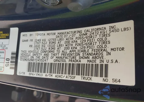 2007 Toyota Tacoma Base V6 z USA, uszkodzony, nr VIN 5TEMU52N87Z455247